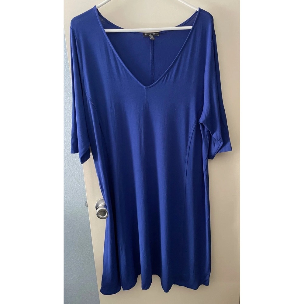 Eileen Fisher 1X Jersey Tunic Dress V-Neck Comfort Stretch Coastal Blue